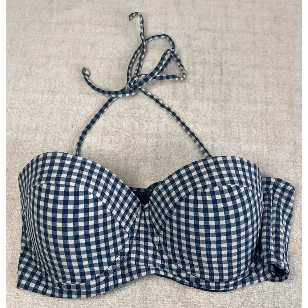 Juicy Couture Blue And White Gingham Plaid High Waisted Swimsuit Sz L